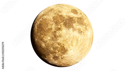 IA generated detailed view of a full moon isolated against a clean white background, highlighting the golden-yellow surface tone, intricate craters, impact rays, and lunar maria across the celestial 