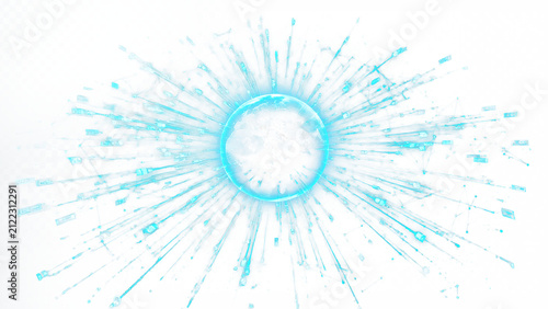 IA generated abstract illustration of a quantum particle collision with glowing blue energy rays radiating from a central core, isolated on a white background.