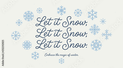 A festive winter greeting card design featuring elegant blue snowflakes on a light background