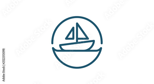A minimalist blue icon featuring a simple sailboat design inside a circular frame