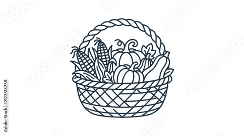 A simple line art illustration of a woven basket filled with various autumn harvest vegetables