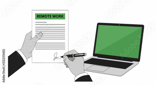Professional Illustration of Person Signing Remote Work Agreement and Employment Contract Next to Laptop with Green Screen