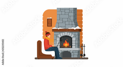 Freelancer Working on Laptop by a Cozy Stone Fireplace in a Winter Cabin Illustration