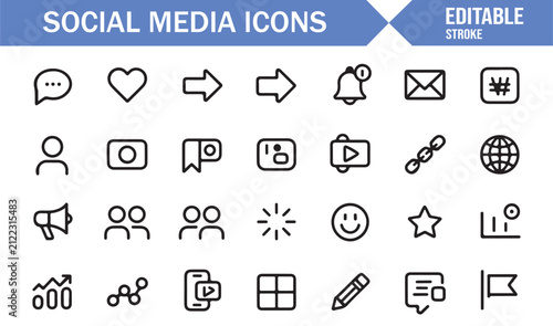 Editable Social Network Vector Icons Set with Communication Symbols