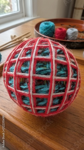 Yarn-Wrapped Sphere with Knitting Supplies on Wooden Table