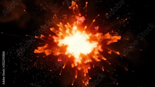 A massive fiery explosion erupts against a dark black background