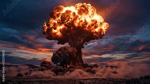 A massive fiery explosion erupts in a desolate desert landscape
