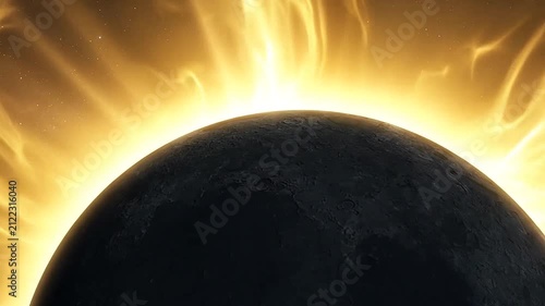 A bright golden light radiates from behind a dark celestial sphere