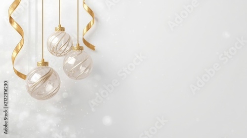 Elegant hanging glass christmas ornaments with gold ribbons against a soft white bokeh background