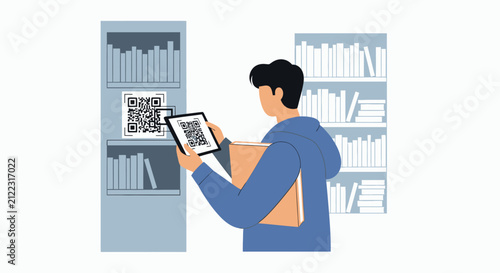 Man Scanning QR Code on Bookshelf with Tablet in Modern Library - Vector Illustration for Digital Education and Smart Technology