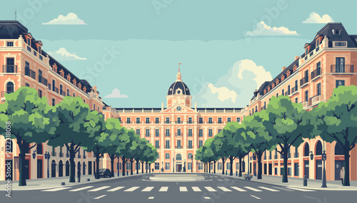Foto A symmetrical illustration of a grand, ornate building with a dome, flanked by apartment buildings and lined with trees on a city street