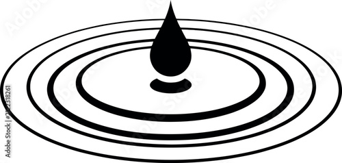 Black silhouette of a single water droplet creating concentric ripples on water surface isolated on white background