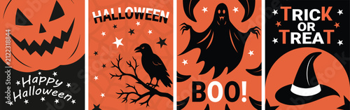 Halloween greeting card vector set featuring pumpkin, ghost, raven, witch hat and trick or treat typography with editable design for party invitation, poster and festive celebration.