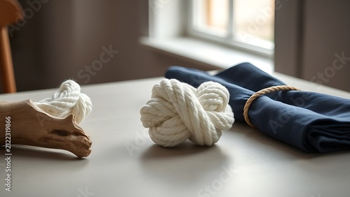 White ceramic knot sculpture with driftwood and folded navy napkin, healing and texture concept