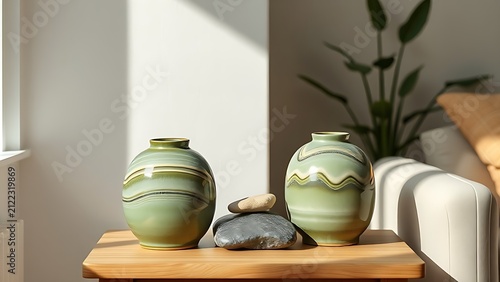Hand-thrown green ceramic vessels with smooth river stone, organic craft harmony concept