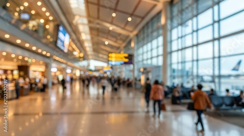 Blurred airport terminal hall interior background people walking travel transportation hub departure lounge bokeh lights