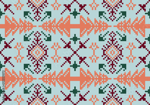 Modern pixel pattern featuring geometric folk-inspired motifs in soft blue, coral, burgundy, and green. Perfect for fabric, wallpaper, gift wrap, packaging, home décor, and digital design.