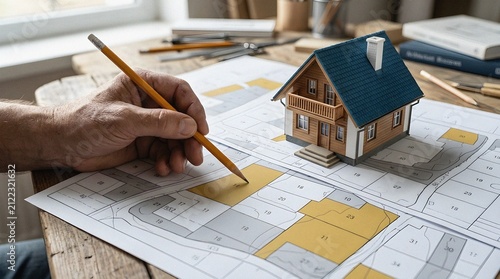 Architect Planning Residential Development with House Model and Site Plot Map