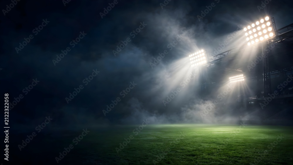 Obraz premium Dramatic Sports Presentation Backdrop Featuring Glowing Stadium Floodlights, Soft Fog, and Vibrant Green Grass Turf with High-Contrast Dark Lighting and Left Clear Space, Flat Vector Graphic