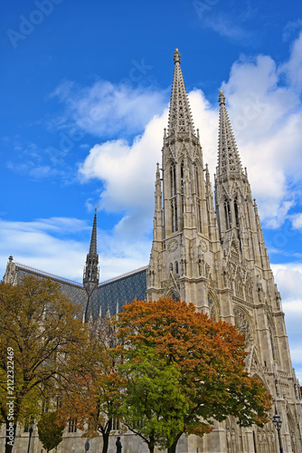 Sharp Close-Up View of the Gothic Towers and Facade of Votivkirche in Vienna Austria