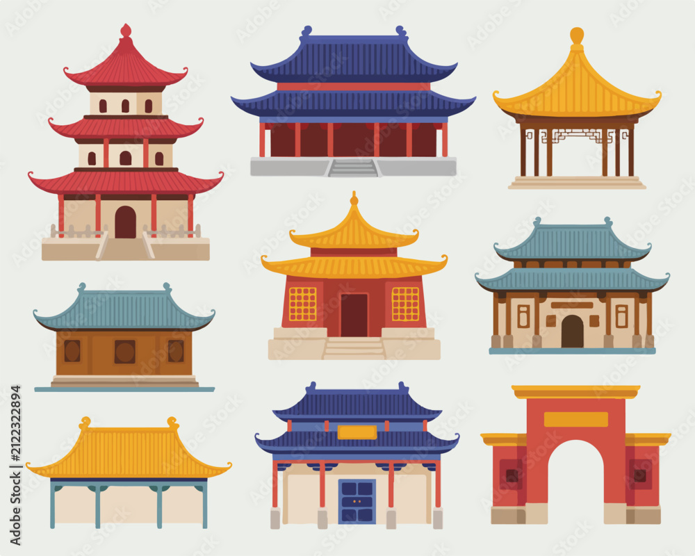 Fototapeta premium Traditional asian temple collection featuring colorful pagodas shrines and gate architecture in classic oriental building styles.
