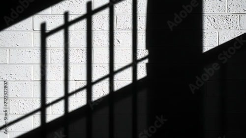 A minimalist composition of stark prison bar shadows on a cold stone wall.