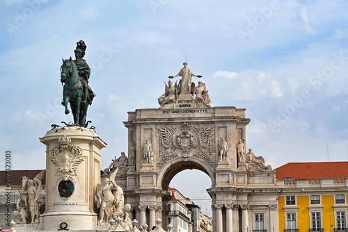View of the Historic Rua Augusta Arch and King Joseph I Statue in Praca do Comercio Lisbon Portugal