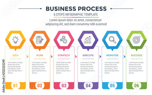Business Process Infographic Template with 6 Steps Timeline, Modern Colorful Workflow Vector Design