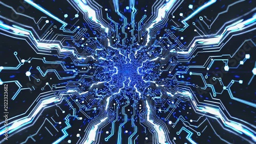 Abstract digital circuit design with blue glowing lines and particles converging towards a bright center, creating a dynamic visual effect in a dark background