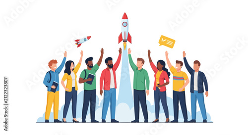 Diverse Business Team Celebrating Startup Success with Rocket Launch. Innovation, Growth, and Teamwork Concept Illustration for Corporate Achievement and Progress.