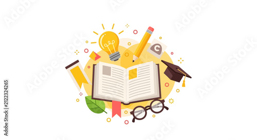 Education and Creativity Concept Illustration with Open Book, Lightbulb, Graduation Cap, and Pencil for Learning, Knowledge, and Academic Success