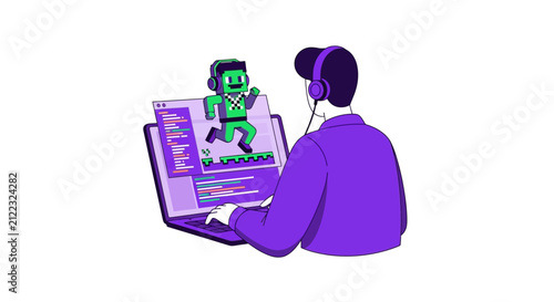 Game Developer Programmer Coding a 2D Platformer Video Game on Laptop, Software Engineering and Creative Digital Content Creation Concept Illustration