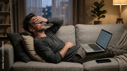 Stressed man lying sofa night covering eyes hand using laptop
