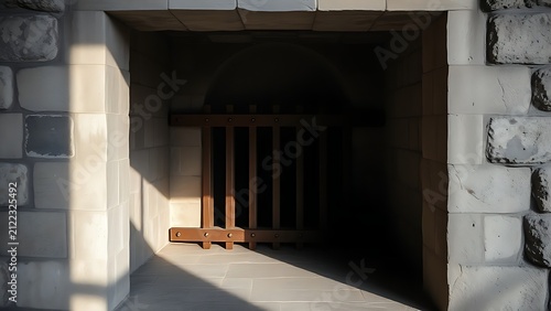 Shadowy interior of stone gatehouse with ancient rusted vertical tracks.