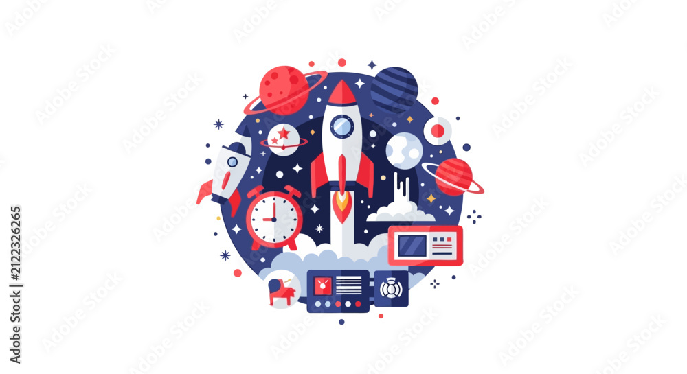 Fototapeta premium Flat Vector Illustration of a Space Rocket Launch with Planets, Stars, and Technology Icons Symbolizing Business Growth and Innovation