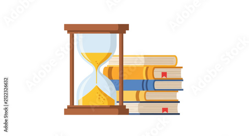 Time Management and Education Concept Illustration with Hourglass and Stack of Books