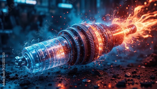 Futuristic mechanical engine part with fire. Abstract industrial machine gear with energy.