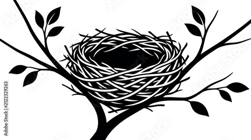 Simple bird nest silhouette on tree branch with leaves isolated on white background for nature design