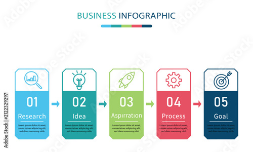 Professional Business Infographic Template with Five Colorful Vertical Columns and Workflow Progress Vector Illustration.