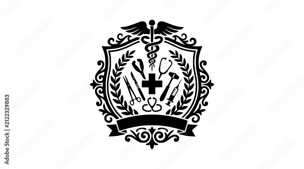 Obraz premium Medical Crest Emblem with Caduceus and Healthcare Instruments on Shield