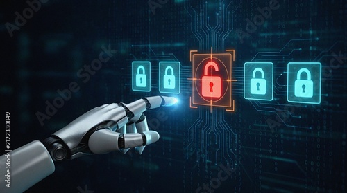 Robotic hand touching glowing unlocked padlock icon representing cybersecurity breach and AI hacking concept