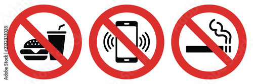 Prohibition Icon, no eating and drinking signs, no mobile phone usage symbols, no smoking warning signs, workplace safety and editable vector illustration