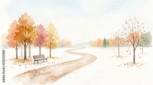 Aquarell Herbstlandschaft mit Park, Bank und Weg. Minimalistischer Natur-Hintergrund mit fallenden Blättern und Textfreiraum. Hallo Herbst Konzept.