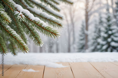Fir tree branches covered snow