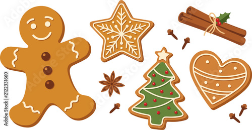 Christmas Gingerbread Cookie Vector Set with Gingerbread Man, Snowflake Star, Decorated Tree, Heart Biscuit, Cinnamon Sticks, and Star Anise Holiday Spices