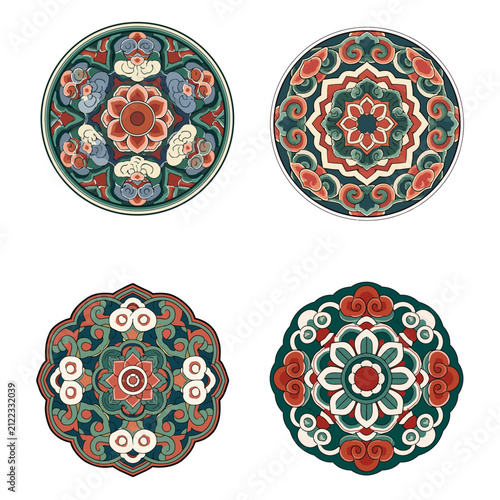 Traditional Korean Dancheong circular patterns and decorative floral medallions set