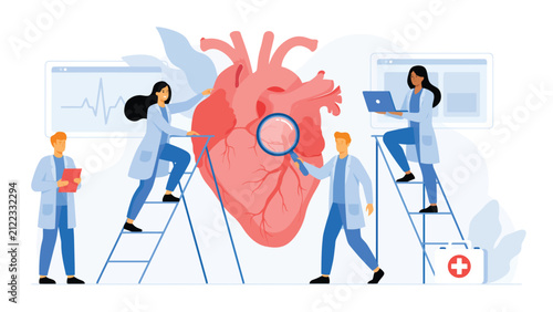 heart health examination and cardiology care concept with medical team, cardiovascular diagnosis, healthcare innovation and treatment illustration