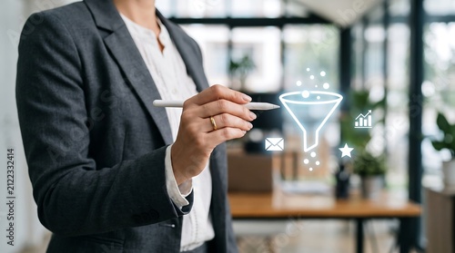 Business professional presenting sales funnel strategy. Female executive demonstrating marketing conversion process isolated on transparent backgro...