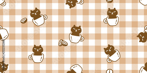 cat seamless pattern coffee cup kitten calico illustration pet cartoon vector tablecloth tartan plaid gift wrapping paper tile background repeat wallpaper doodle isolated design