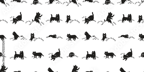 cat seamless pattern in bush black kitten calico illustration pet cartoon vector gift wrapping paper tile background repeat wallpaper doodle isolated design